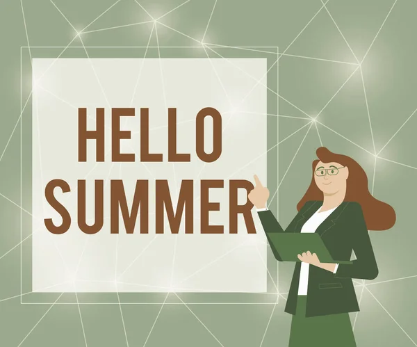 Текст с надписью Hello Summer. Бизнес-концепция Приветствуя самый теплый сезон в году приходит после весны Иллюстрация бизнес-леди стоя держа свой ноутбук представляя идеи. — стоковое фото