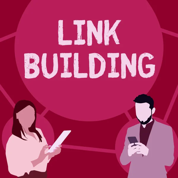 Sign displaying Link Building. Word for SEO Term Exchange Links Acquire Hyperlinks Indexed Illustration Of Partners Busy Using Smartphones Searching Ideas. — Stockfoto