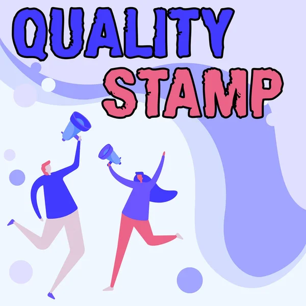 Bildunterschrift: Qualitätsstempel. Geschäftsidee Gütesiegel Guter Eindruck Qualifizierte Inspektion Illustration von Partnern, die durch Megafon Gedanken austauschen. — Stockfoto