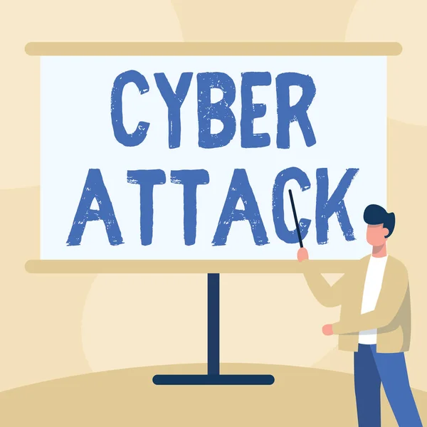 Text sign showing Cyber Attack. Word Written on An attempt by hackers to Damage Destroy a Computer System Teacher In Jacket Drawing Standing Pointing Stick At Whiteboard. — 图库照片