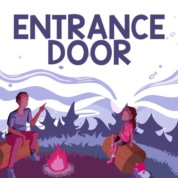 Text showing inspiration Entrance Door. Concept meaning Way in Doorway Gate Entry Incoming Ingress Passage Portal Father And Daughter Sitting Next To Campfire Enjoying Camping At The Park — Fotografia de Stock