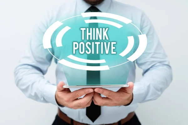 Conceptual caption Think Positive. Internet Concept The tendency to be positive or optimistic in attitude Presenting New Technology Ideas Discussing Technological Improvement — Stockfoto