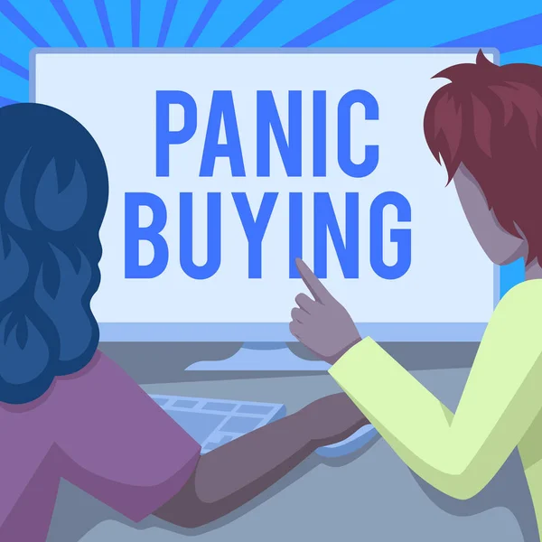 Kézírás jel Pánik vásárlás. Szó a vásárlás nagy mennyiségben miatt hirtelen félelem jön hiány pár rajz segítségével asztali számítógép befejezése munkájukat. — Stock Fotó