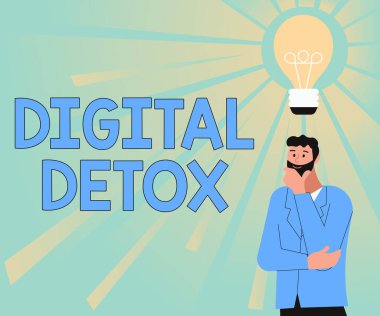 Metin Dijital Detox gösterimi yazılıyor. Elektronik Aygıtlardan Kurulmamış İşletme yaklaşımı Yeni Harika Fikirlerle Ayakta Duran Bir Adamın Yeniden Bağlanmamış İllüstrasyonuna Bağlantı Kesme.