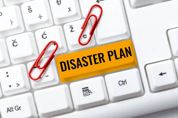 Text sign showing Disaster Plan. Internet Concept Respond to Emergency Preparedness Survival and First Aid Kit Typing Online Tourist Guidebook, Searching Internet Ideas And Designs — Fotografia de Stock
