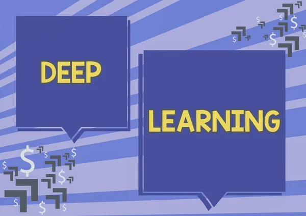 Текст підпису, що представляє Deep Learning. Слово для ієрархічних абстракцій Штучний інтелект Алгоритм Два барвистих перекриття мовлення міхур малюнок зі знаком долара . — стокове фото