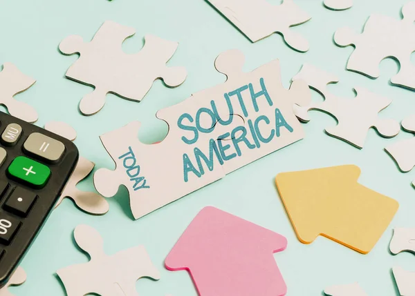 Handwriting text South America. Business idea Continent in Western Hemisphere Latinos known for Carnivals Building An Unfinished White Jigsaw Pattern Puzzle With Missing Last Piece — Stock Photo, Image