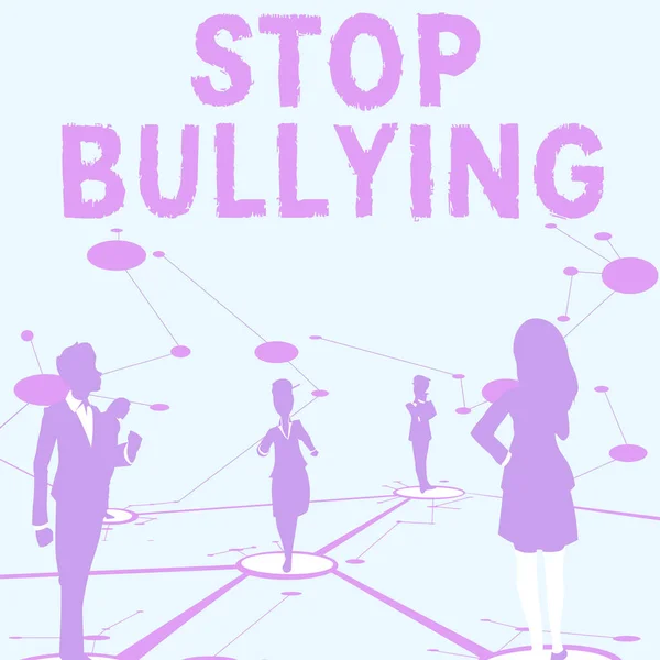 Writing displaying text Stop Bullying. Business idea Fight and Eliminate this Aggressive Unacceptable Behavior Several Team Members Standing Separate Thinking Connected Lines On Floor. — Stockfoto