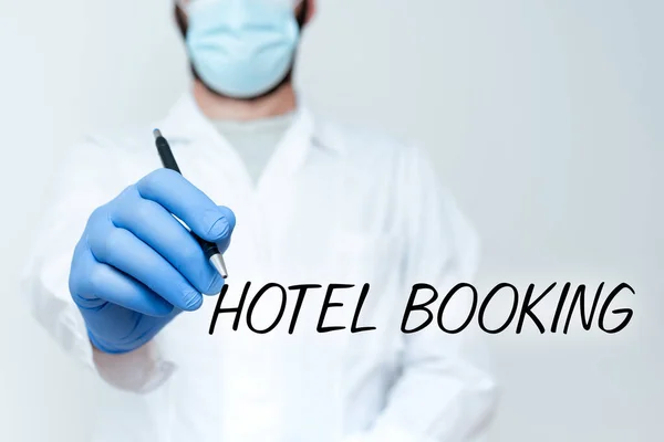 Kézírás tábla Hotel Booking. Üzleti ötlet Online foglalás Elnöki lakosztály De Luxe Vendéglátás Tudós bemutatása Új technológia, Orvosi tanácsadás — Stock Fotó
