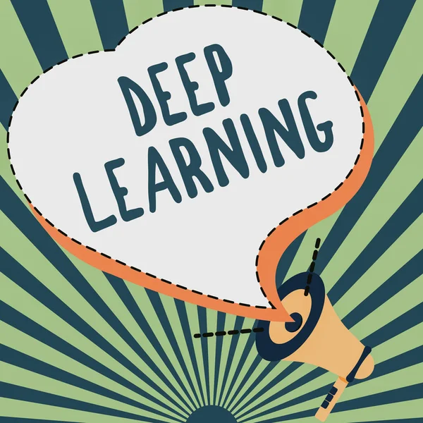 Концептуальний підпис Deep Learning. Інтернет концепція Ієрархічні абстракції Алгоритм штучного інтелекту Ілюстрація гучного мегафону Спікер робить нові оголошення — стокове фото