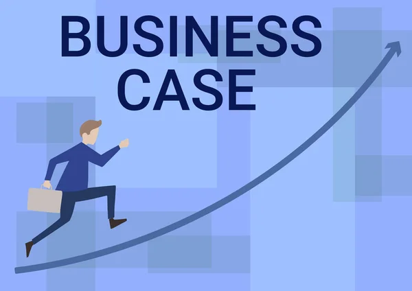 Text showing inspiration Business Case. Internet Concept Proposition Undertaking Verbal Presentation New Task Businessman Running Upward Holding Briefcase With Arrow Pointing Up. — 图库照片