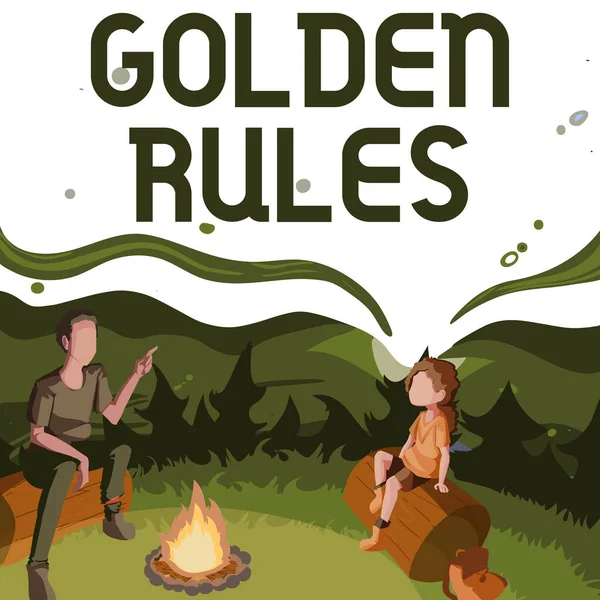 Text caption presenting Golden Rules. Word for Basic principle that should be followed Important Principle Father And Daughter Sitting Next To Campfire Enjoying Camping At The Park — Stockfoto