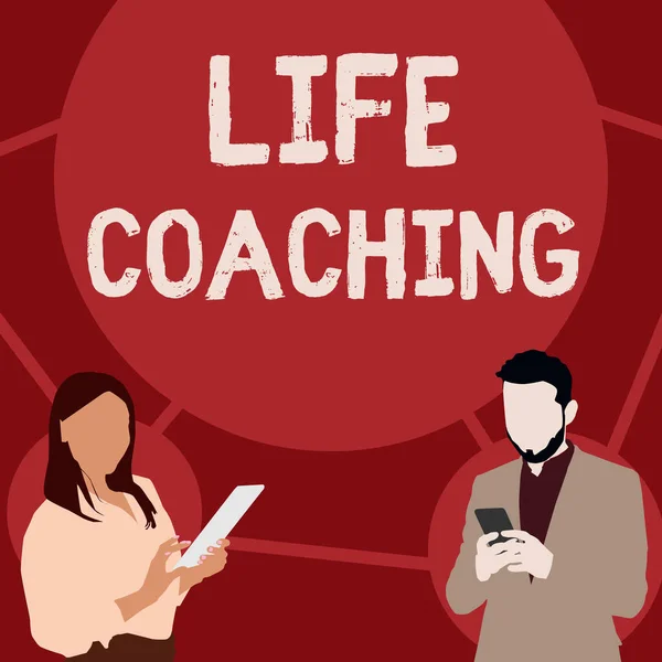 Señal que muestra Life Coaching. Idea de negocio Mejorar vidas por desafíos Nos anima en nuestras carreras Ilustración de socios ocupados usando teléfonos inteligentes Buscando ideas. —  Fotos de Stock