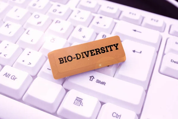 Hand writing sign Bio Diversity. Internet Concept Variety of Life Organisms Marine Fauna Ecosystem Habitat Creating New Typing Game Concept, Abstract Typing Problem Solutions — Stockfoto