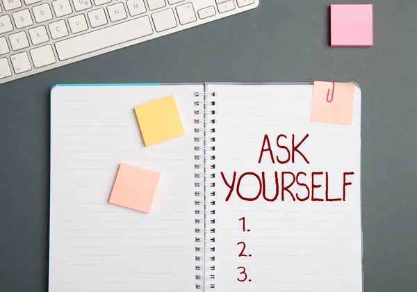 Hand writing sign Ask Yourself. Business showcase Thinking the future Meaning and Purpose of Life Goals Keyboard Over A Table Beside A Notebook And Pens With Sticky Notes — Stock Photo, Image