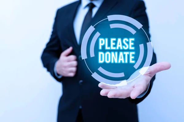 Handwriting text Please Donate. Business overview Supply Furnish Hand out Contribute Grant Aid to Charity Presenting New Plans And Ideas Demonstrating Planning Process — Stockfoto