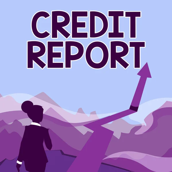 Kavramsal Başlık Kredi Raporu. Bu da demek oluyor ki Borç Ödeme Ödemeleri Borç Sayfası ve Ödemeler Tarihindeki Kadın Ok İşaretleme Başarıyla Dağlara Doğru Yürüyor — Stok fotoğraf