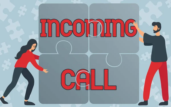 Hand writing sign Incoming Call. Concept meaning Inbound Received Caller ID Telephone Voicemail Vidcall Colleagues Drawing Fitting Four Pieces Of Jigsaw Puzzle Together Teamwork. — Stock Photo, Image
