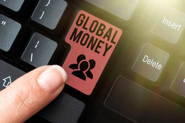 Teksten met Global Money erop. Woord voor Internationale financiën Wereldmunt Wereldwijd omgezet Typen Arbeidsovereenkomst Sample, Transcriptie Online Talk Show Audio — Stockfoto