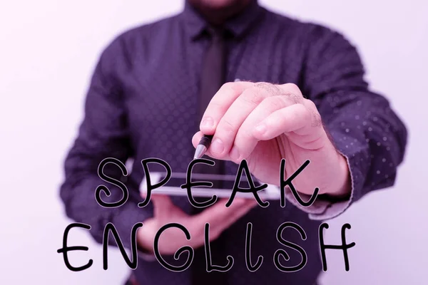 Text caption presenting Speak English. Word for Study another Foreign Language Online Verbal Courses Presenting New Technology Ideas Discussing Technological Improvement — Foto Stock