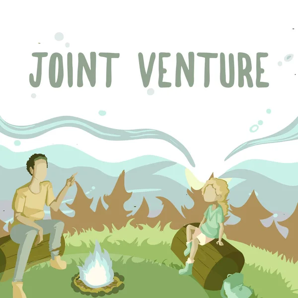 Text sign showing Joint Venture. Concept meaning Collaboration Arrangement Parties Partnership Team Father And Daughter Sitting Next To Campfire Enjoying Camping At The Park — Fotografia de Stock