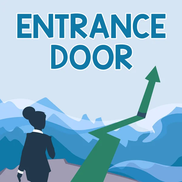 Handwriting text Entrance Door. Business showcase Way in Doorway Gate Entry Incoming Ingress Passage Portal Lady Walking Towards Mountains With An Arrow Marking Success — Stock Photo, Image