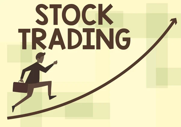 Text sign showing Stock Trading. Word Written on Buy and Sell of Securities Electronically on the Exchange Floor Businessman Running Upward Holding Briefcase With Arrow Pointing Up. — Fotografia de Stock