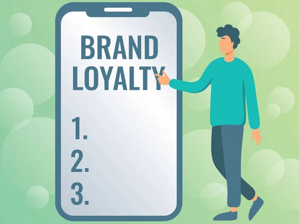 Sign displaying Brand Loyalty. Word for Repeat Purchase Ambassador Patronage Favorite Trusted Man Drawing Standing Next To A Large Phone Pointing Out Technologies. — 图库照片