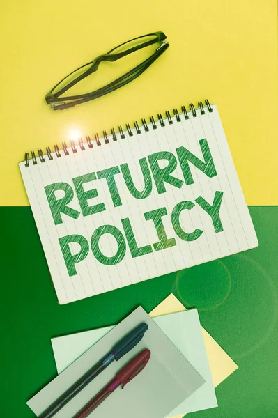 Conceptual caption Return Policy. Word for Tax Reimbursement Retail Terms and Conditions on Purchase Flashy School Office Supplies, Teaching Learning Collections, Writing Tools, — Stock Photo, Image