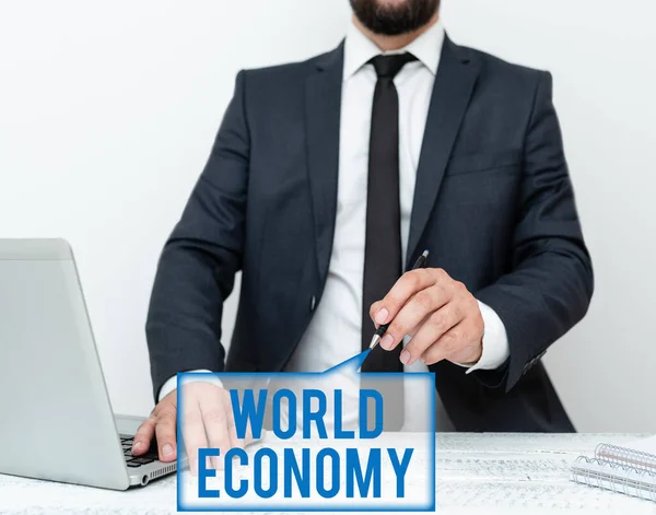 Conceptual caption World Economy. Business idea Global Worldwide International markets trade money exchange Remote Office Work Online Presenting Communication Technology — Foto Stock