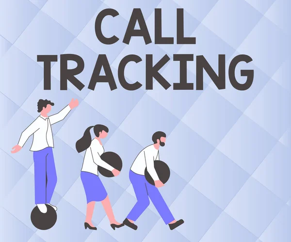 Text caption presenting Call Tracking. Business showcase Organic search engine Digital advertising Conversion indicator Illustration Of Group Bringing Their Own Heavy Sphere Together. — Stock Photo, Image
