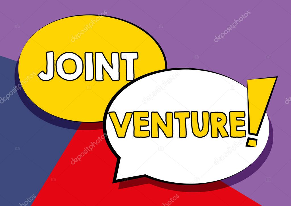 Text caption presenting Joint Venture. Conceptual photo Collaboration Arrangement Parties Partnership Team Two Colorful Overlapping Speech Bubble Drawing With Exclamation Mark.