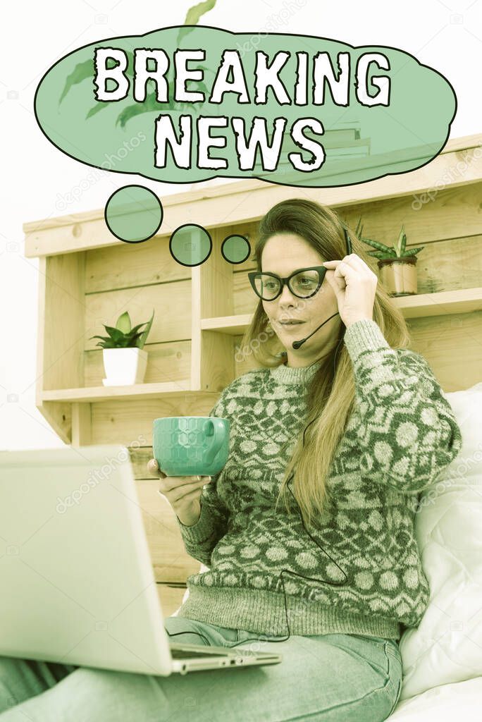Text caption presenting Breaking News. Business showcase Special Report Announcement Happening Current Issue Flashnews Student Learning New Things Online, Casual Internet Surfing And Browsing