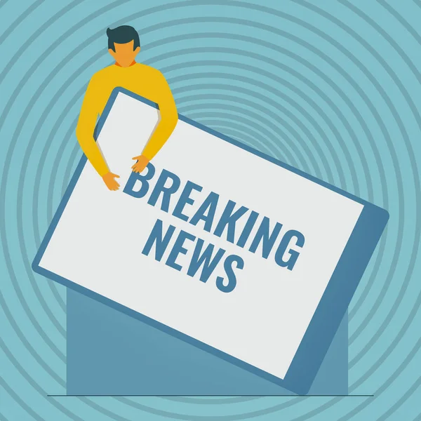 Handschrift sms Breaking News. Bedrijfsconcept onlangs ontvangen actuele informatie over een gebeurtenis Gentleman Drawing Holding A Enorme Blank Klembord. — Stockfoto