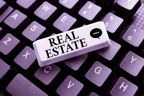 Writing displaying text Real Estate. Business showcase total property consisting of both natural resource and building Typing And Publishing Descriptions Online, Writing Informative Data — Stockfoto