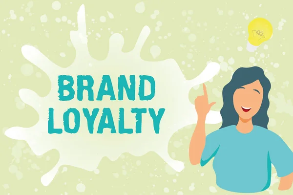 Inspiratie met teken Brand Loyalty. Zakelijk idee positieve gevoelens voor een merk en koop hetzelfde product Lady Illustration Discovery New Idea Lamp met spraakbel. — Stockfoto