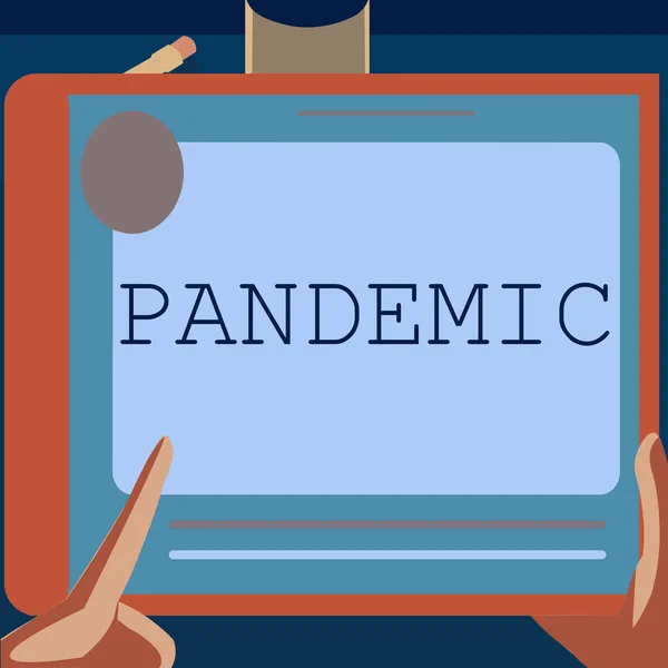 Text sign showing Pandemic. Word Written on occurring over a wide area affecting high proportion of population Illustration Of A Hand Using Big Tablet Searching Plans For New Amazing Ideas — Stockfoto