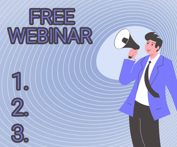 Conceptual display Free Webinar. Business approach a free online presentation held via the Internet in realtime Illustration Of A Man Pointing Away Holding Megaphone Making New Announcement — Stock Photo, Image