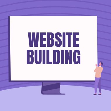 Web sitesi binasını gösteren metin işareti. Konsept anlamı sitesi, müşterilerin ihtiyaçlarına göre oluşturulmuştur. Geniş Ekran Görüntüleme 'ye Bakan Adam Çizimi.