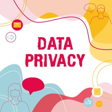 Veri Mahremiyeti ilhamını gösteren metin. İnternet güvenliğine iş yaklaşımı ve internet sitesinin dijital koruması ya da Sohbet Bulutu Karşılığında Konuşan Çift Çizimi.