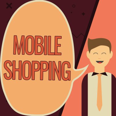 El yazısı tabelası Mobil Alışveriş. Ticari mal satın alma fikri, İş Adamı 'nın Boş Sohbet Bulutu' na Düşünceler Sunduğu bir cep telefonu illüstrasyonuyla yürütüldü.