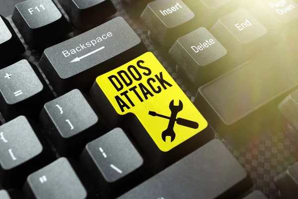 Text caption presenting Ddos Attack. Word for disturbed access to the normal server caused by malicious system Abstract Creating Online Transcription Jobs, Typing Website Descriptions