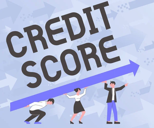 Inspiración mostrando signo Credit Score. Concepto de negocio expresión numérica que indica que es solvencia de una persona Cuatro Colegas Dibujo Permanente Sosteniendo Flecha Grande Para el Éxito. —  Fotos de Stock