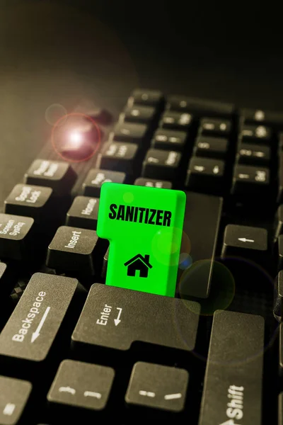Text sign showing Sanitizer. Word for liquid or gel generally used to decrease infectious agents Computer Engineering Concept, Abstract Repairing Broken Keyboard — Stockfoto