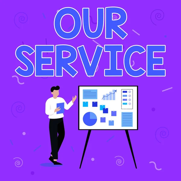 Inspiration showing sign Our Service. Business idea providing assistance to the public with a specific set of skills Businessman Drawing Standing Presenting Ideas For Their Success. — Stock Photo, Image