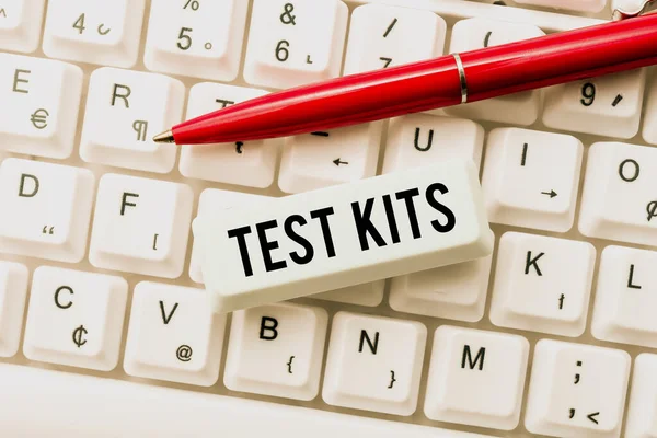 Text showing inspiration Test Kits. Internet Concept tools used to detect the presence of something in the body Typing Device Instruction Manual, Posting Product Review Online — Foto Stock