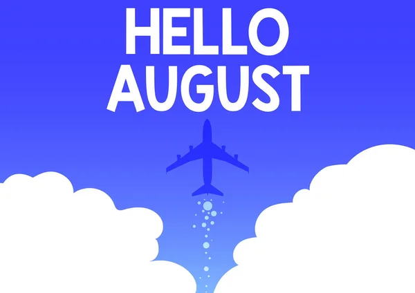 Text sign showing Hello August. Business approach a positive greeting for the month of summertime season Illustration Of Airplane Launching Fast Straight Up To The Skies. — Foto Stock