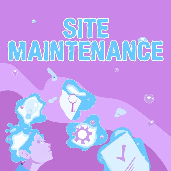 Skriva visning av texten Site Maintenance. Internet Concept Övervakning och regelbundet kontrollera din webbplats för frågor Illustration av en man stående Komma upp med nya fantastiska idéer — Stockfoto