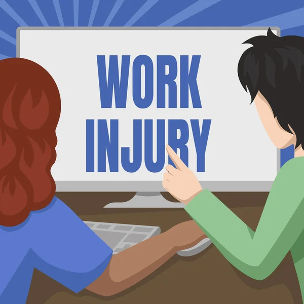 Conceptual caption Work Injury. Internet Concept an accident occurred as a result of labor resulting to an damage Couple Drawing Using Desktop Computer Accomplishing Their Work. — Stock Photo, Image