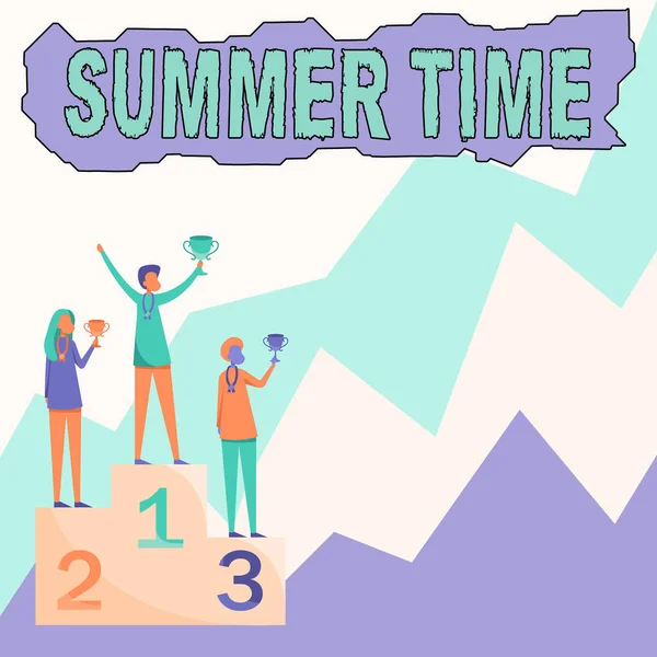 Hand writing sign Summer Time. Business showcase the hottest season of the year characterized by short nights Three Competitors Standing On Podium Holding Trophies Celebrating Victory. — Stock Photo, Image